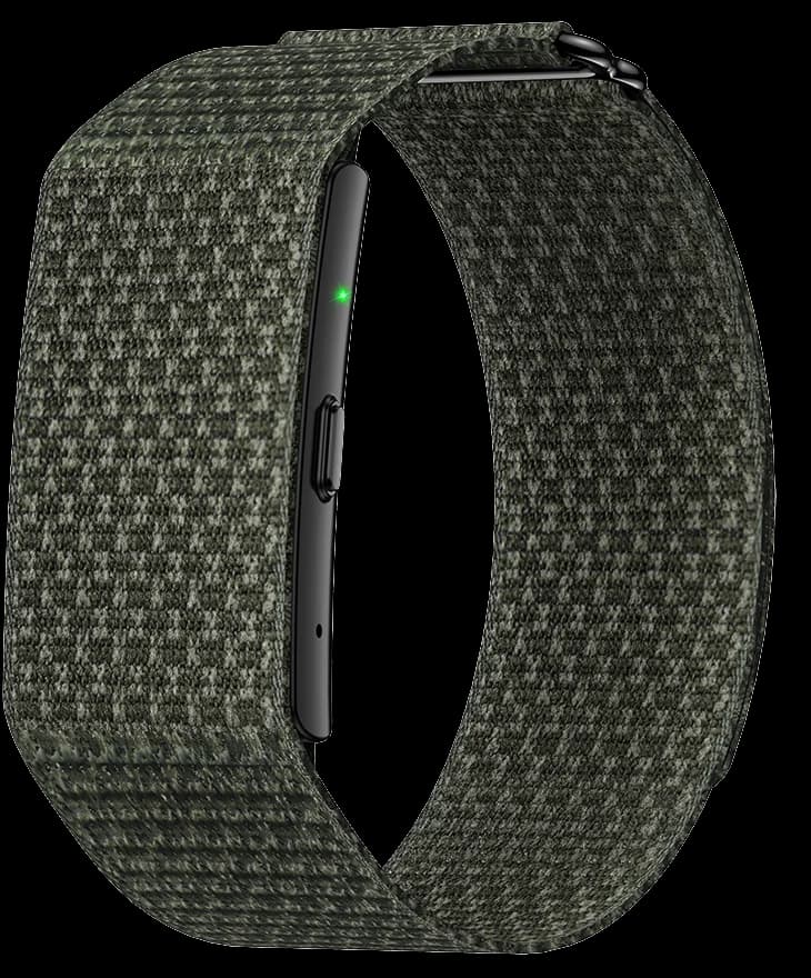 Kira Band in Moss: olive-green woven nylon loop with a black module