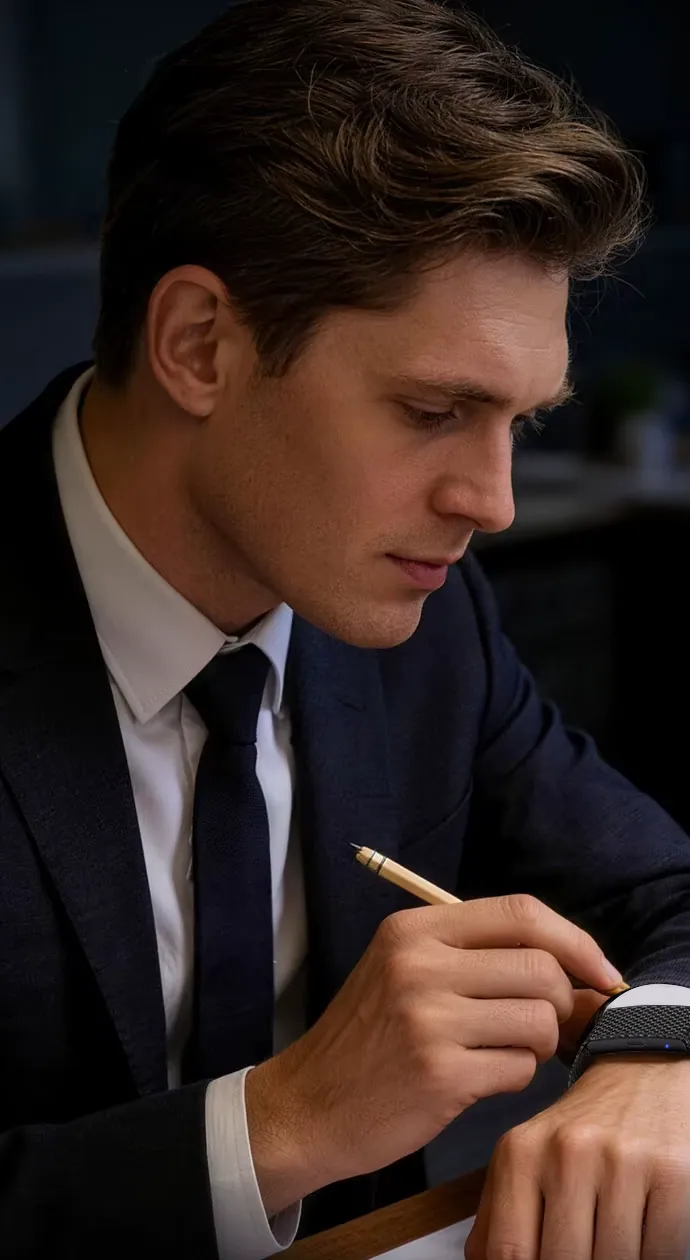A man in a suit writes at a desk; Kira Band sits on his wrist