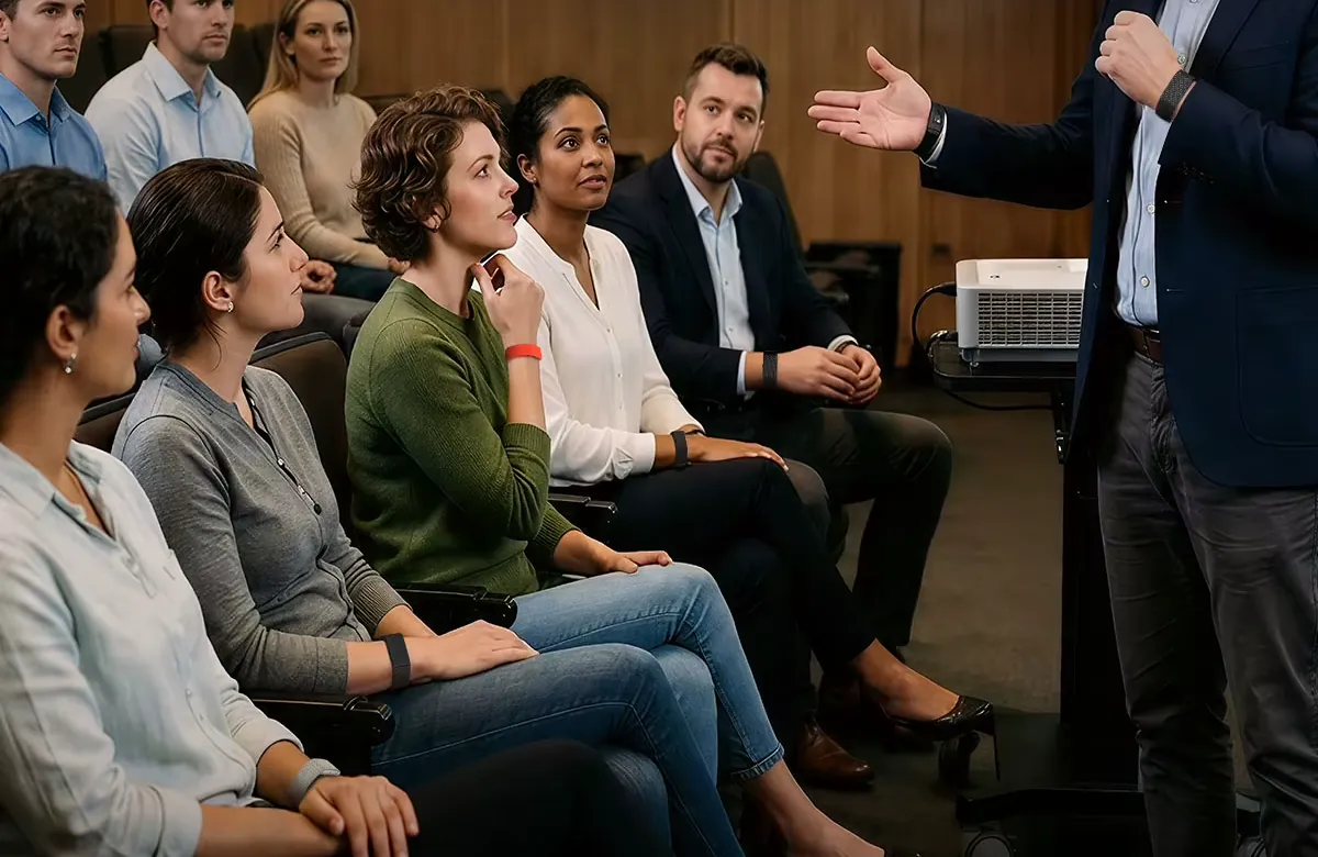 A presenter addresses a seated audience in a wood-panelled meeting room; several attendees wear Kira Band