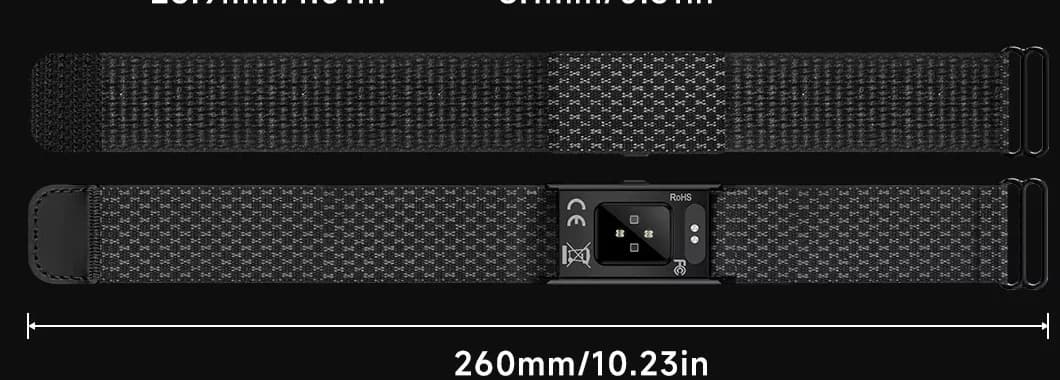 The strap laid flat from above and below, 260 mm long, showing the hook-and-loop fastener and the module's sensor window